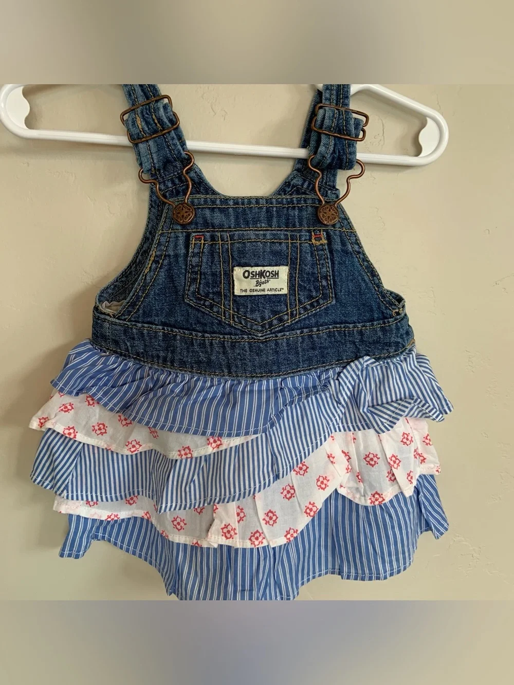 OshKosh B'gosh Girls Vestbak Overall Red White Blue Jumper Ruffle Dress 6 months